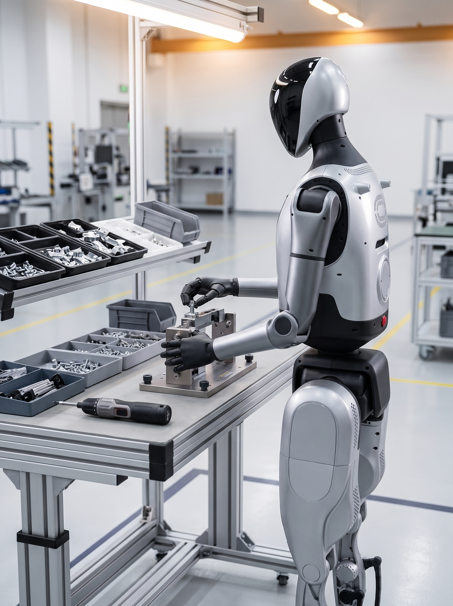 UBTECH Walker Tienkung bei einem flexiblen Montageprozess mit unterschiedlichen Bauteilvarianten an einem industriellen Arbeitsplatz
