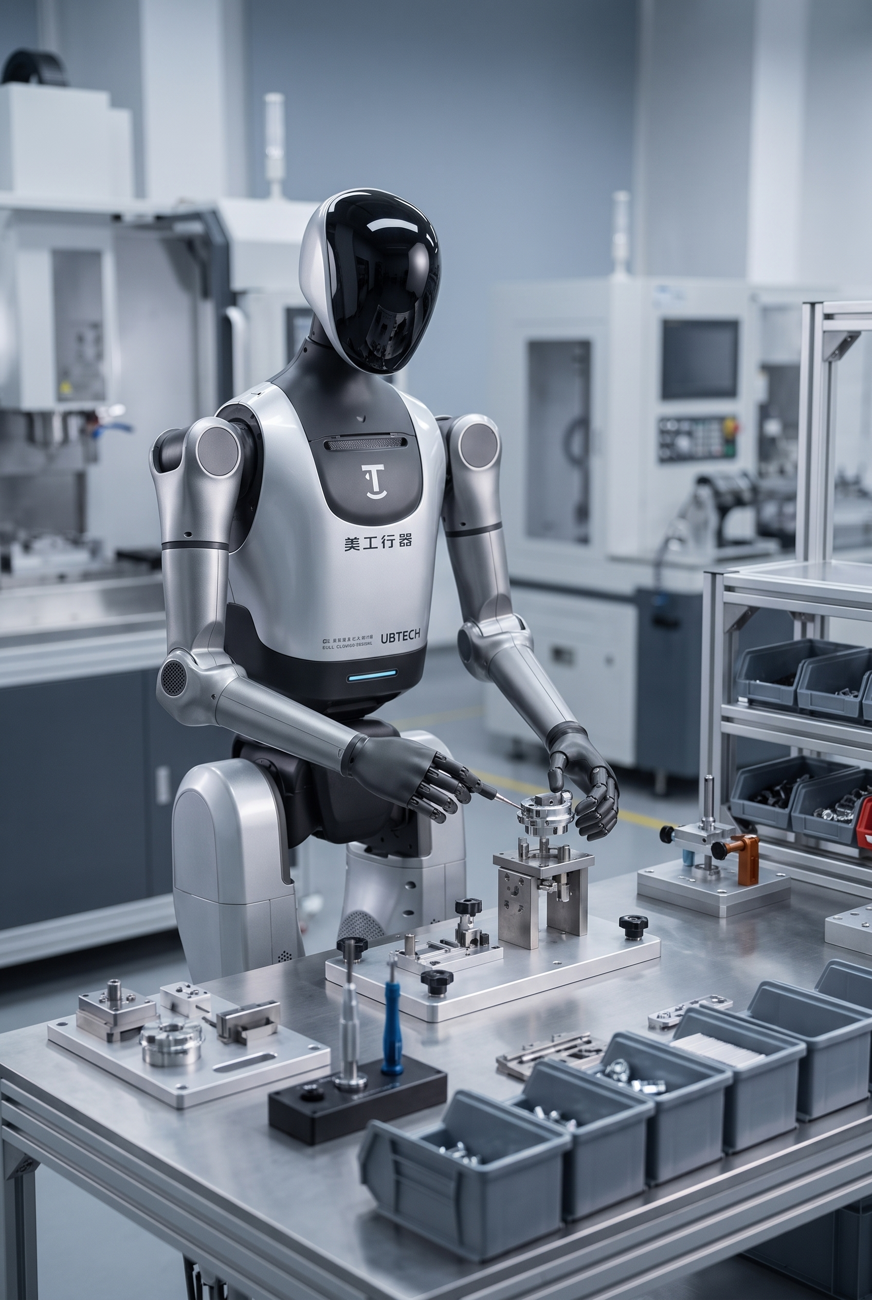 UBTECH Walker Tienkung bei der präzisen Montage und Handhabung von Bauteilen in einer modernen Industrieumgebung