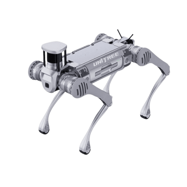 Unitree B2 vierbeiniger Inspektionsroboter mit Lidar Sensor in schräger Ansicht für Industrieeinsatz