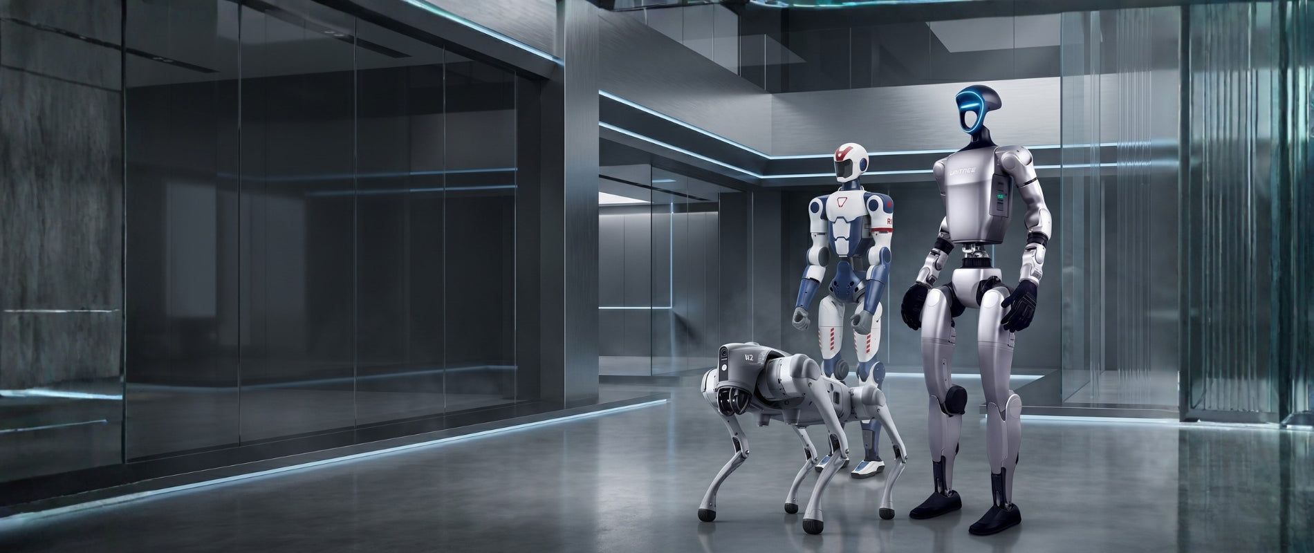 Unitree G1 Basic, R1 EDU und Go2 in einem modernen Robotik-Innovationszentrum bei Terra Robotics