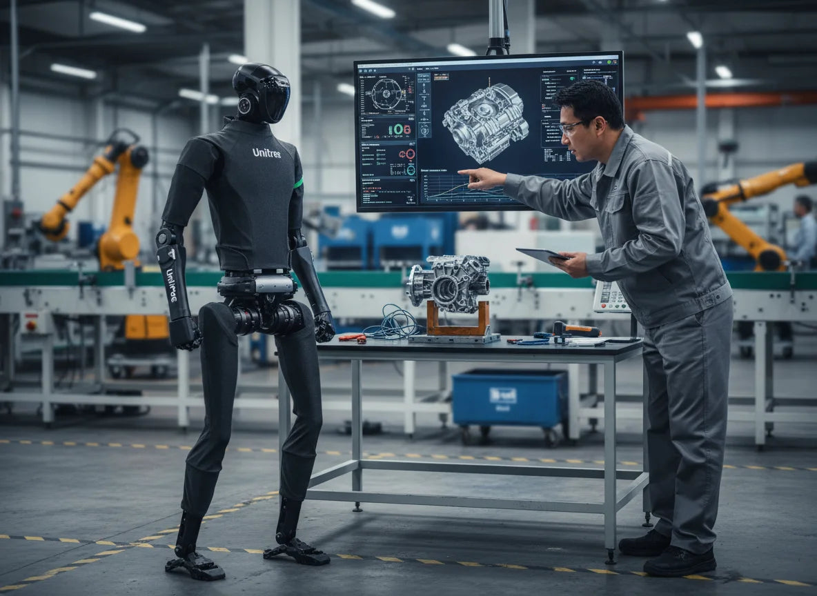 Unitree H1 humanoider Roboter bei der technischen Analyse und Prozessplanung in einer Industrieumgebung.