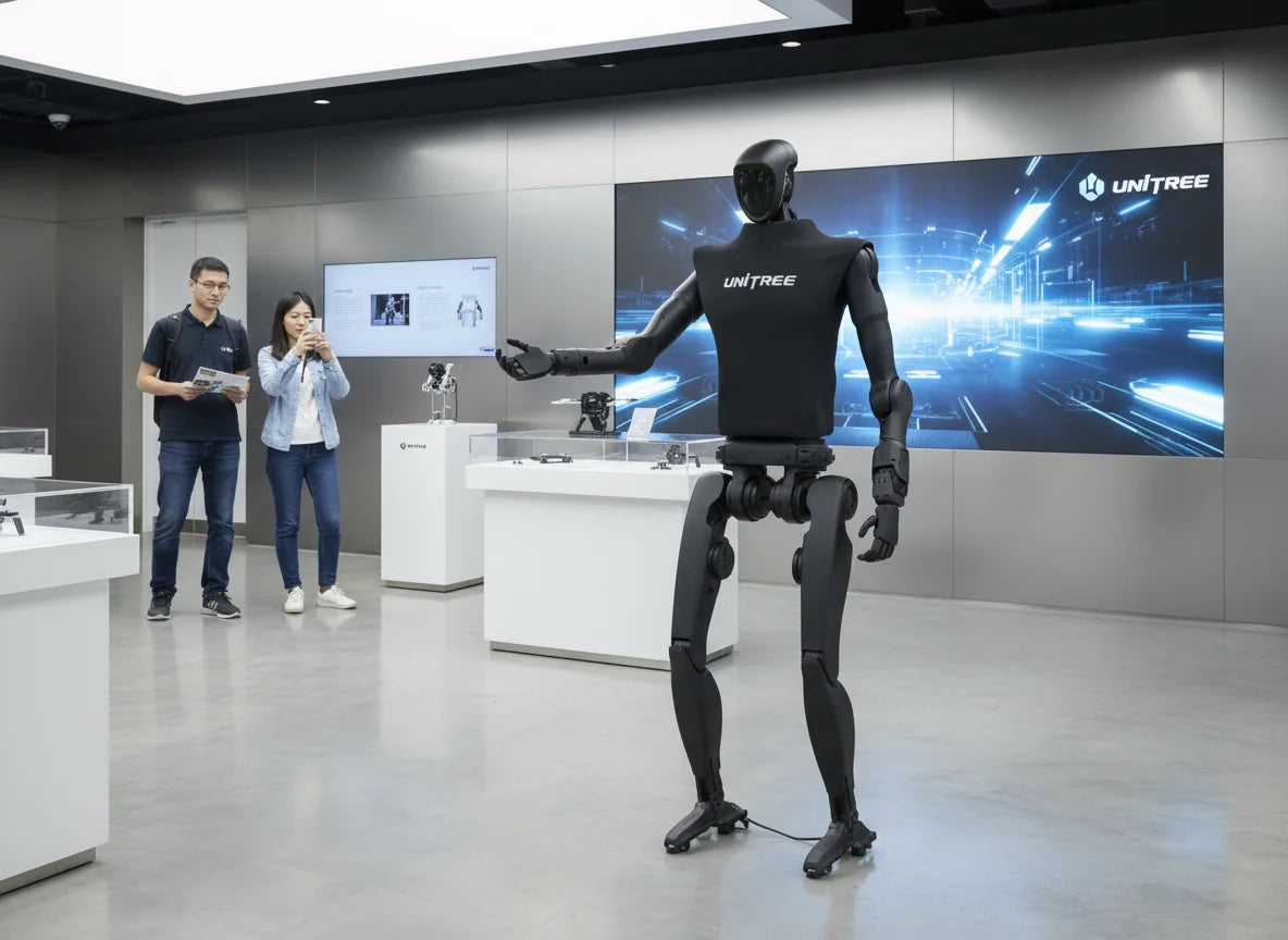 Unitree H1 humanoider Roboter bei einer Produktdemonstration in einem modernen Robotik-Showroom.