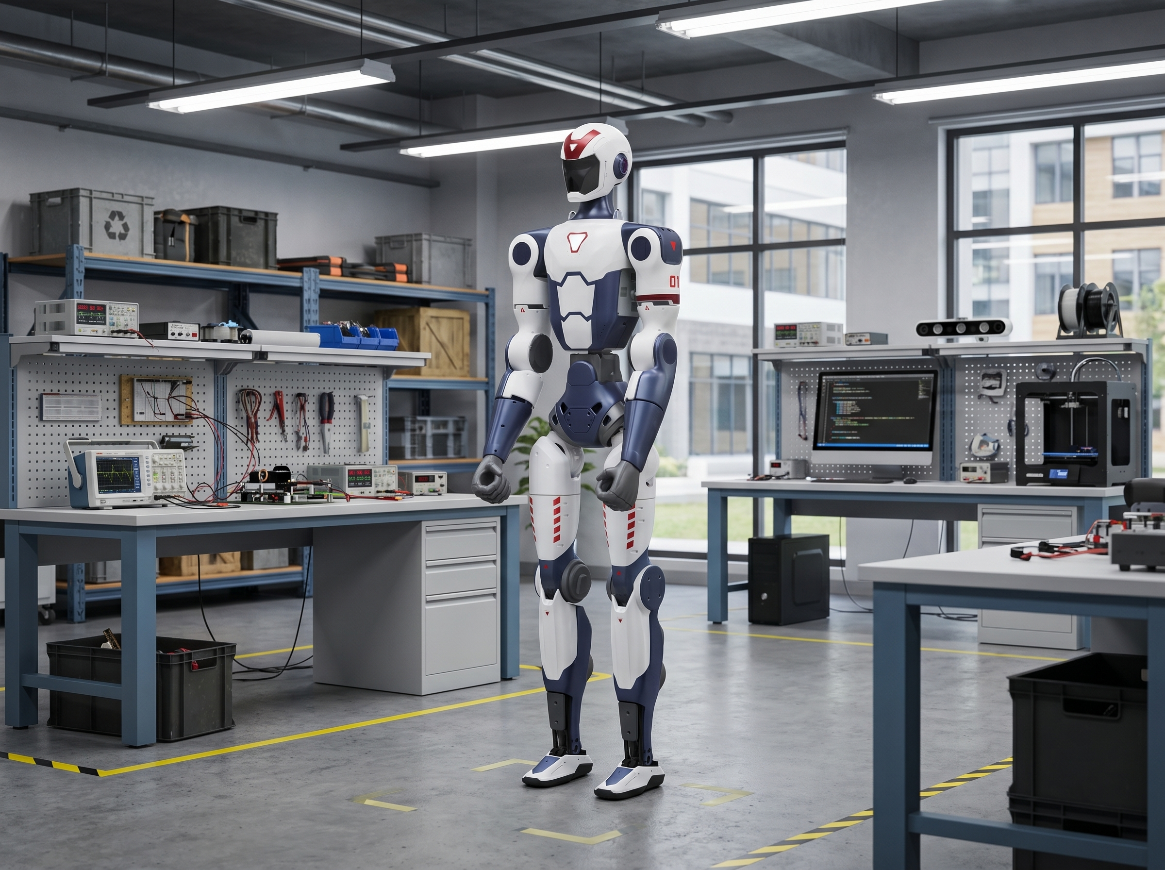 Unitree R1 humanoider Roboter in einer Robotik-Testumgebung mit Elektronikarbeitsplätzen und Laborgeräten.