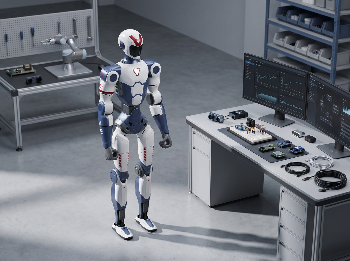 Unitree R1 humanoider Roboter in einem Robotik-Labor mit Monitoren, Sensorik und Elektroniktests.