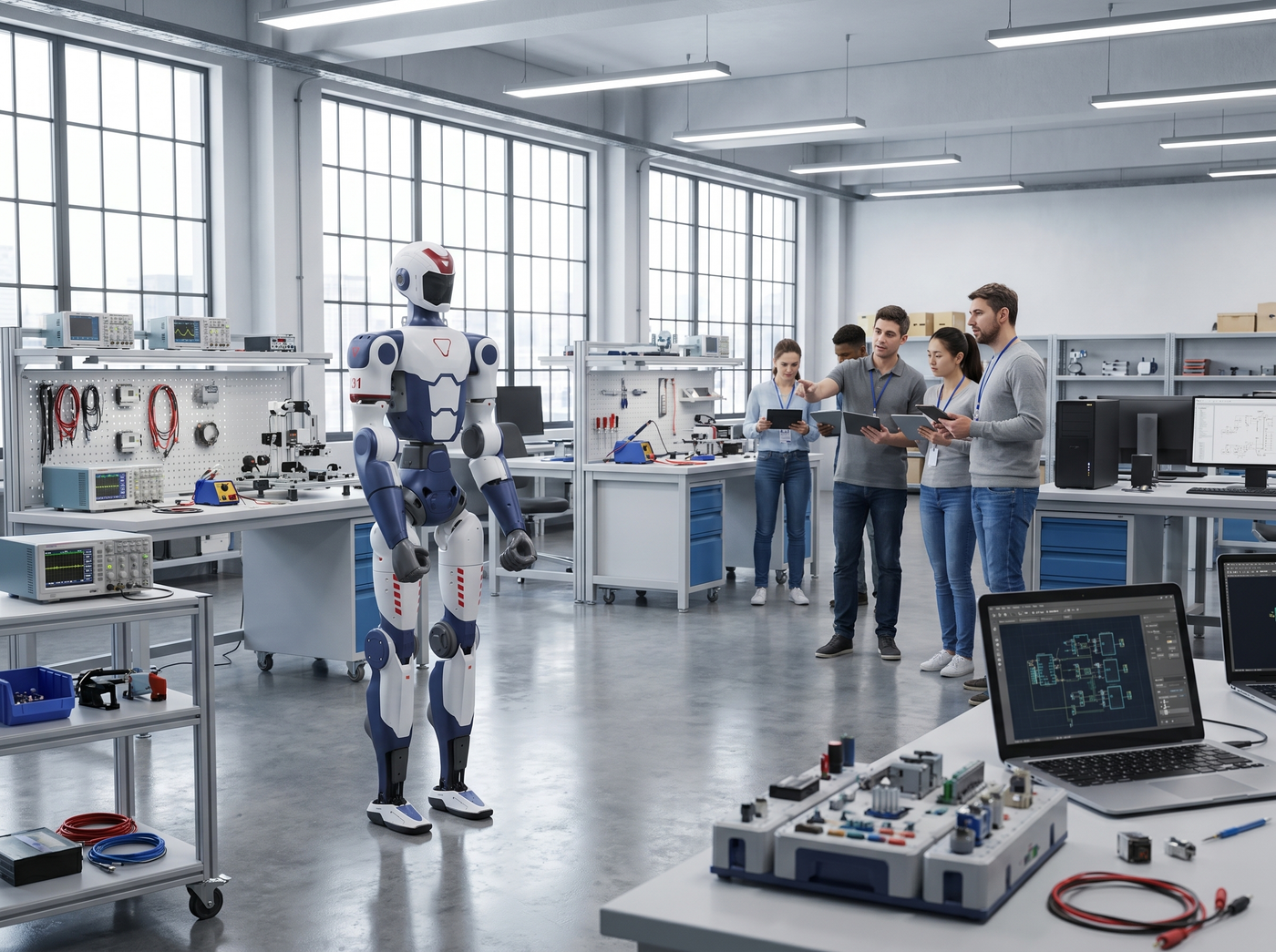 Unitree R1 EDU humanoider Roboter in einer technischen Ausbildungssituation mit Studierenden und Laborausstattung