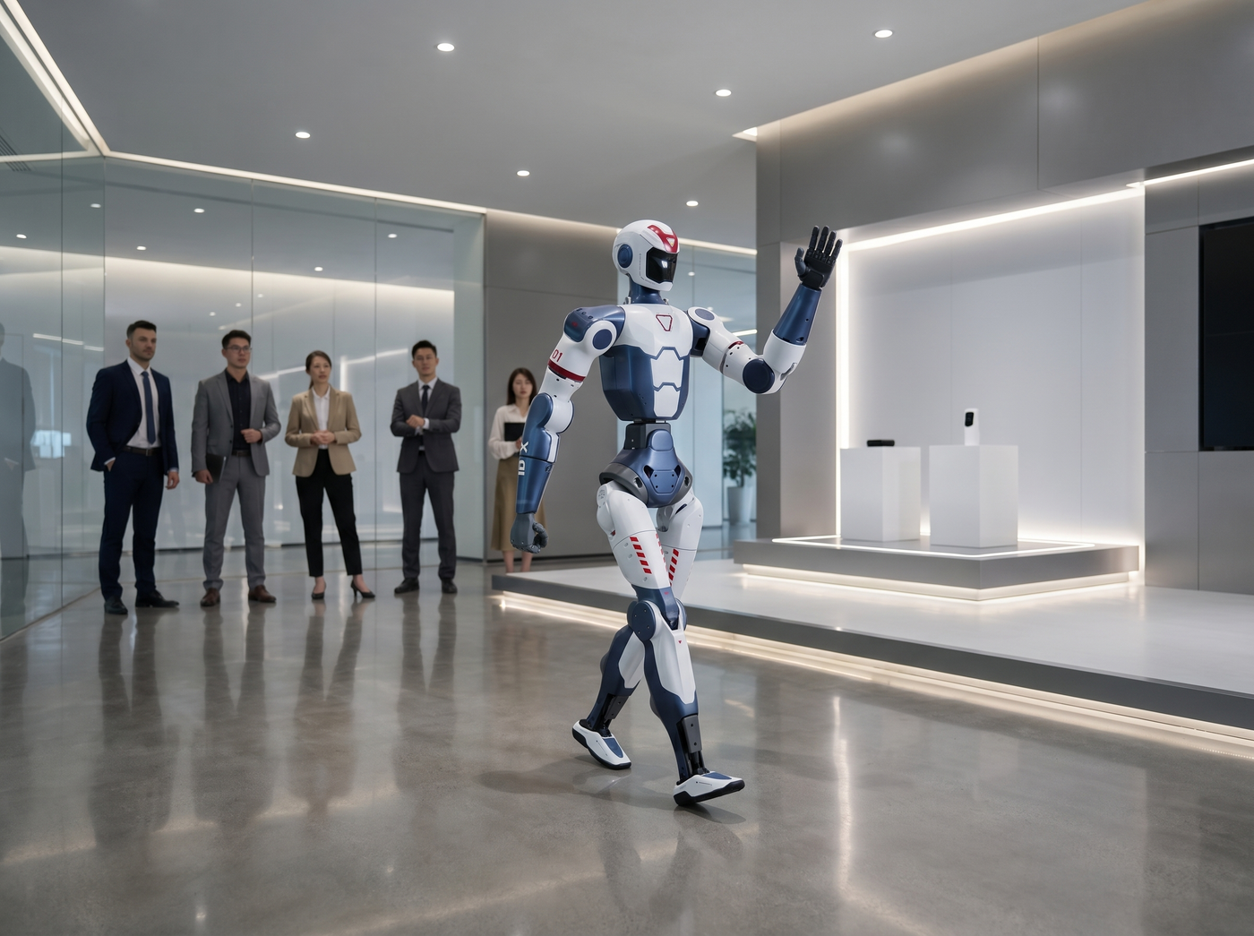 Unitree R1 EDU humanoider Roboter auf einer Testfläche für Robotik-Wettbewerbe und Bewegungsversuche