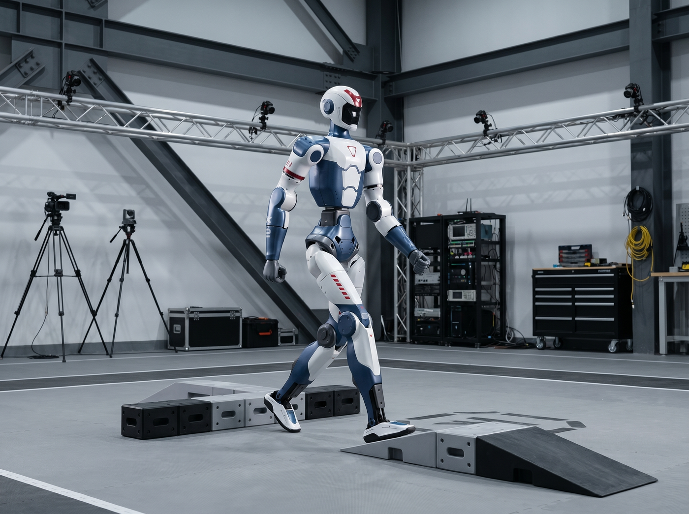 Unitree R1 EDU humanoider Roboter in einem Showroom für Technologiepräsentationen und Live-Demonstrationen