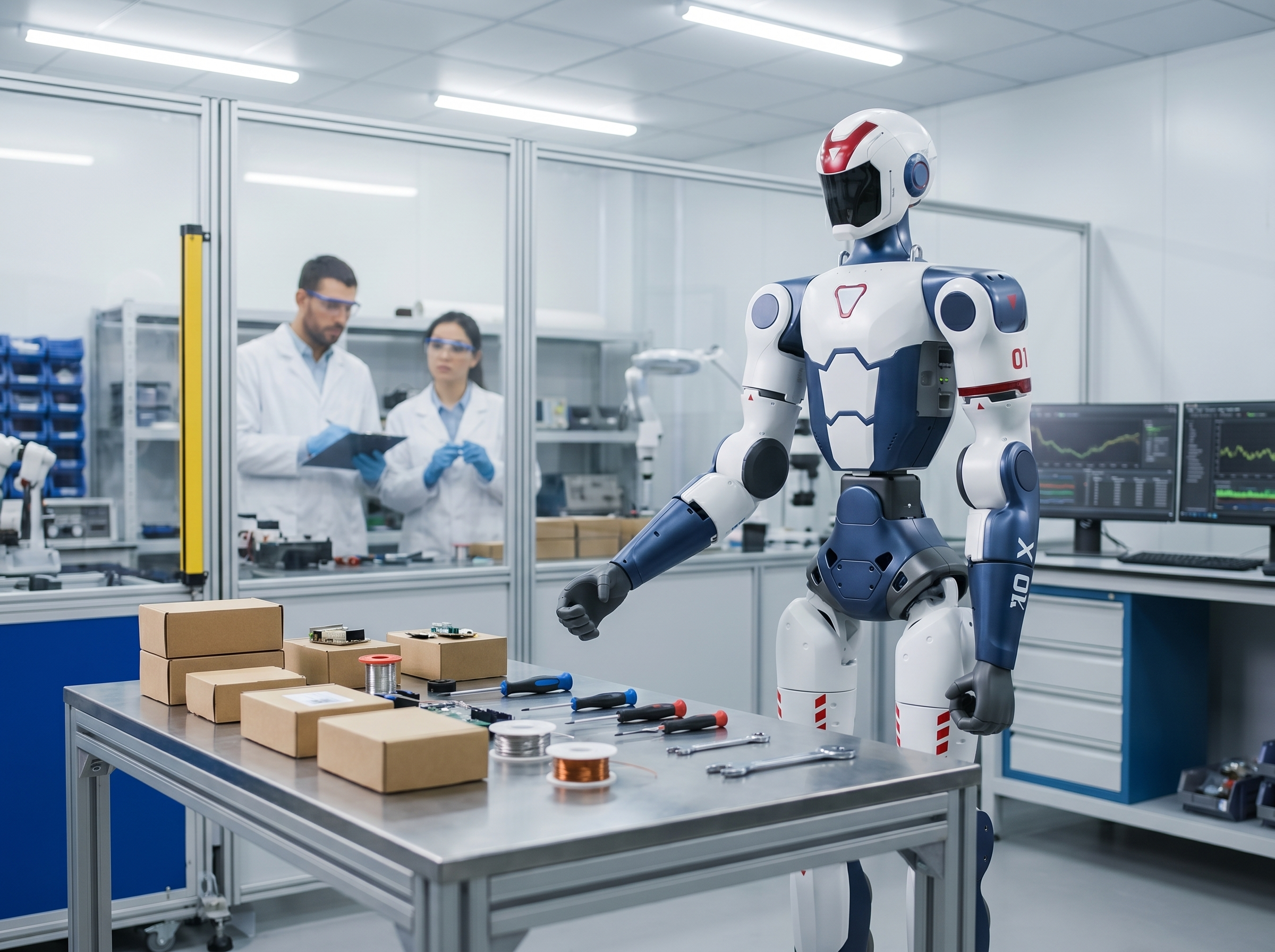 Unitree R1 humanoider Roboter in einem Robotik-Labor bei Montage- und Entwicklungstests.