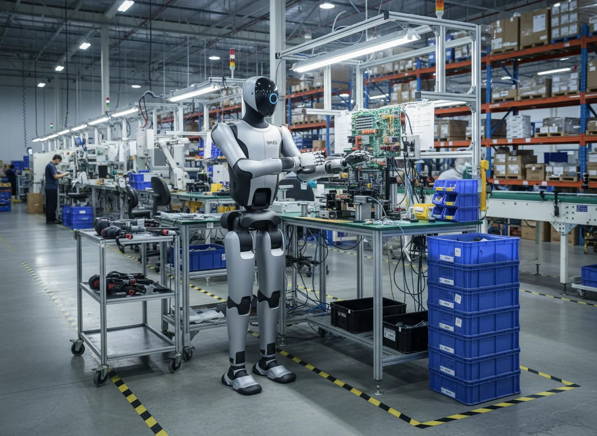 Walker S2 humanoider Roboter bei der Unterstützung technischer Arbeiten in einer Produktionsumgebung.