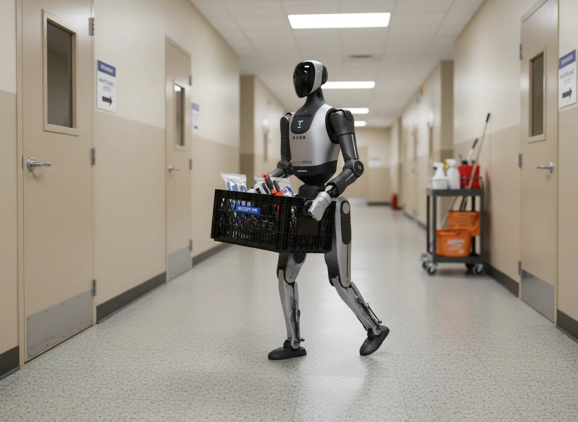 Walker Tienkung humanoider Roboter beim Transport von Facility-Material in einem Gebäudeflur.