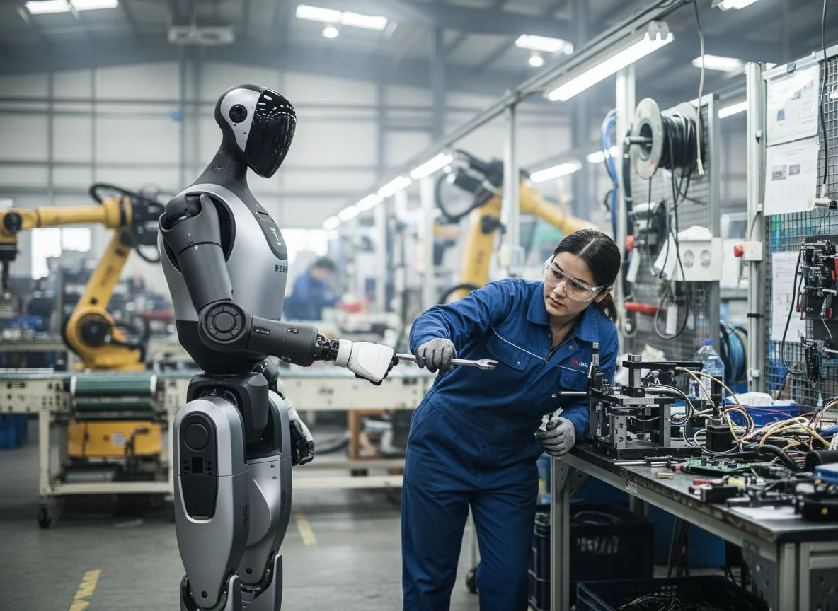 Walker Tienkung humanoider Roboter bei der Unterstützung technischer Arbeiten in einer Industrieumgebung.