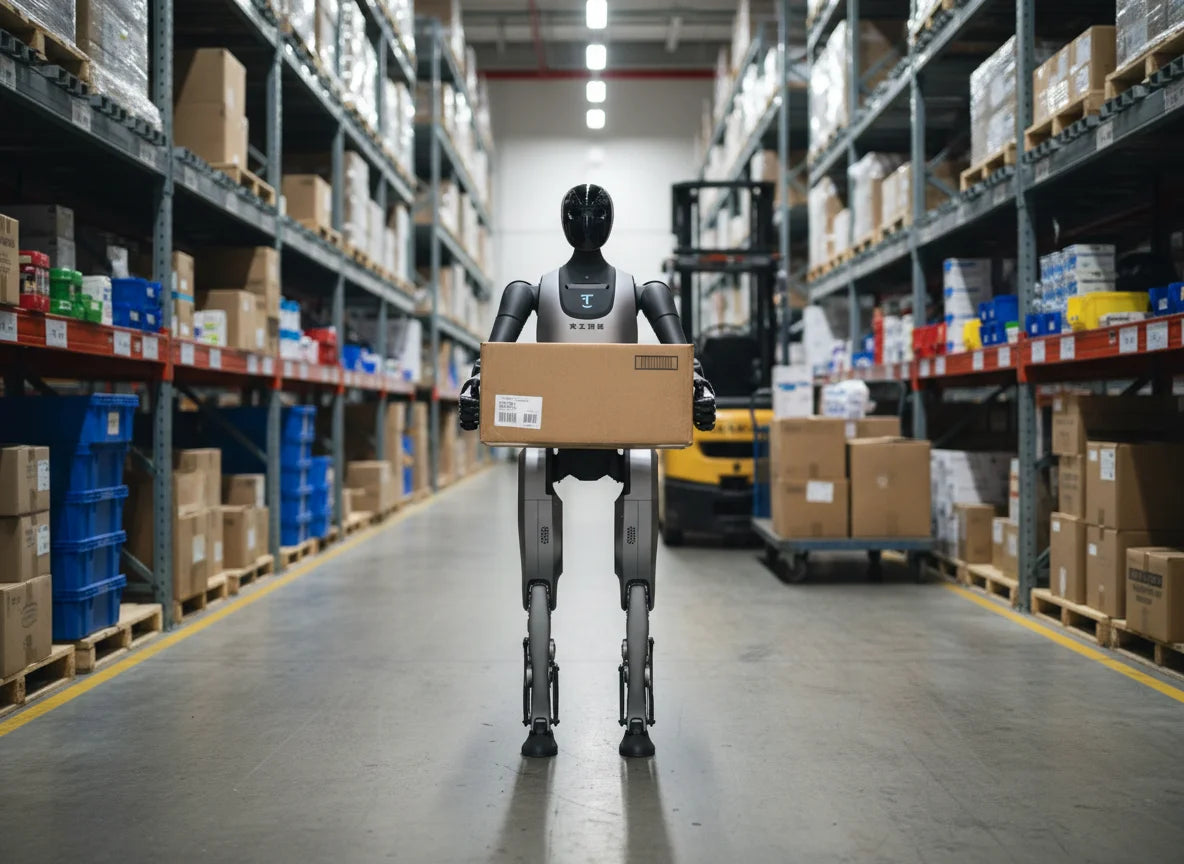 Walker Tienkung humanoider Roboter beim Transport eines Pakets in einer Lagerhalle.