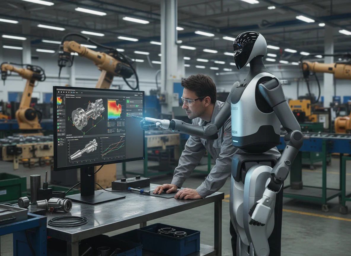Walker Tienkung humanoider Roboter bei der Produktionsanalyse und Prozessoptimierung in einer Industrieumgebung.