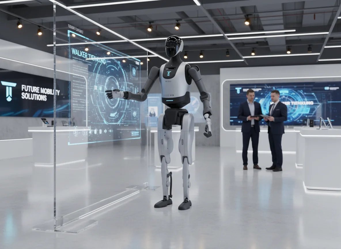 Walker Tienkung humanoider Roboter bei einer Produktdemonstration in einem modernen Robotik-Showroom.