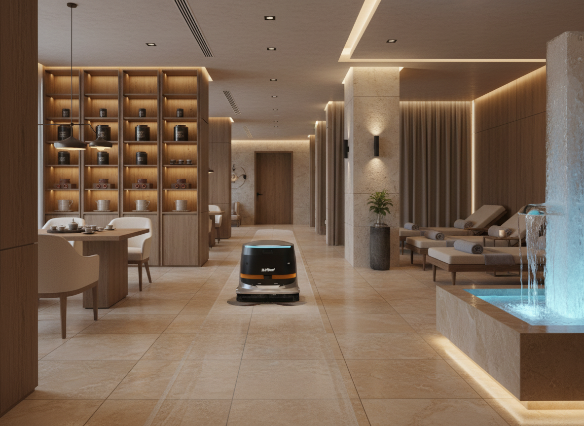 Autonomer Reinigungsroboter Gausium Scrubber 75 bei der Fliesenreinigung in einer Wellnesslounge – Terra Robotics.