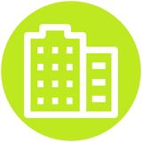 Firmengebäude mit zwei Hochhäusern auf grünem Hintergrund