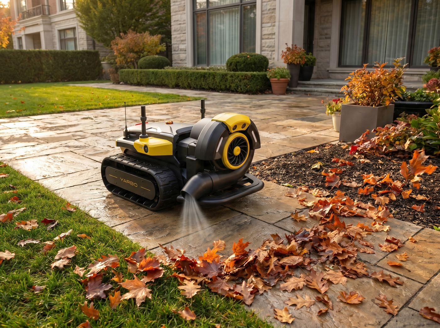 Yarbo Blower Module bei der Laubentfernung auf Terrasse und Gartenwegen
