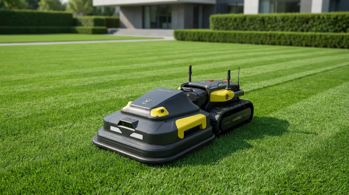 Yarbo Core mit Lawn Mower Module bei der autonomen Rasenpflege auf einem großen Grundstück.