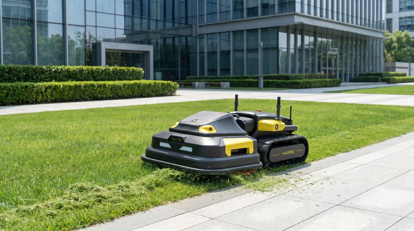 Yarbo Core Outdoor-Roboter auf einer gewerblichen Außenfläche mit Wegen und Grünanlagen.