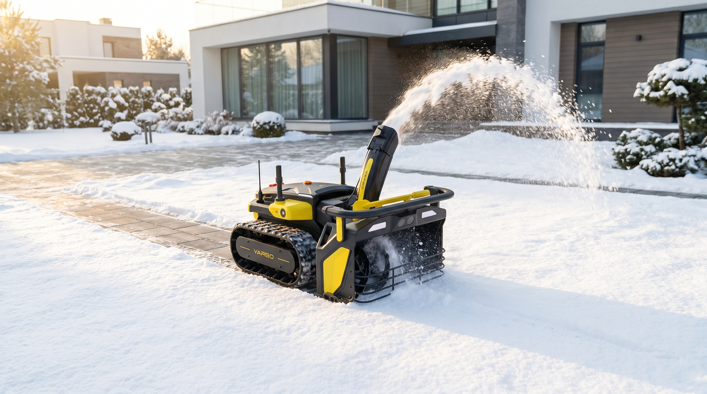 Yarbo Core mit Snow Blower Module bei der autonomen Schneeräumung auf einer Einfahrt.