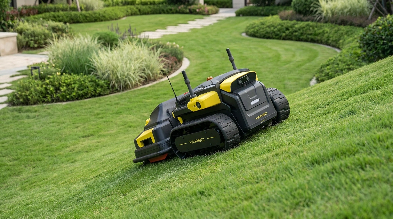 Yarbo Core Raupenroboter auf einer Hanglage mit gepflegtem Rasen und Gartenwegen.