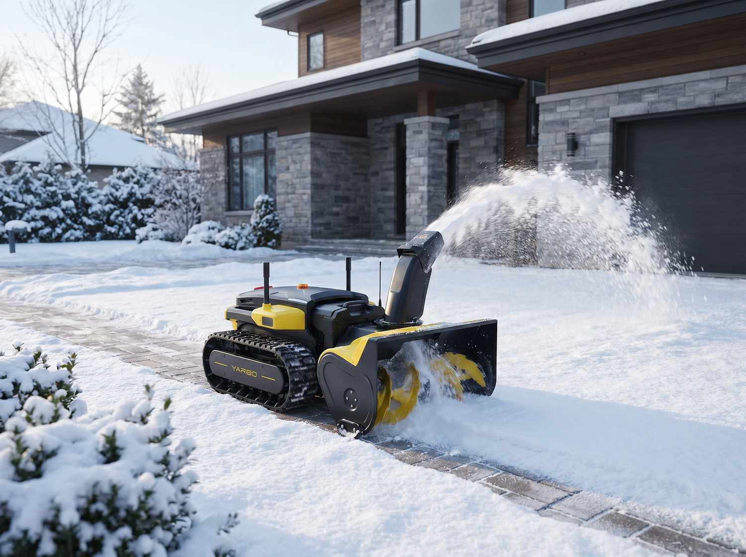 Yarbo Snow Blower bei der autonomen Schneeräumung auf einem verschneiten Gartenweg vor einem modernen Wohnhaus.