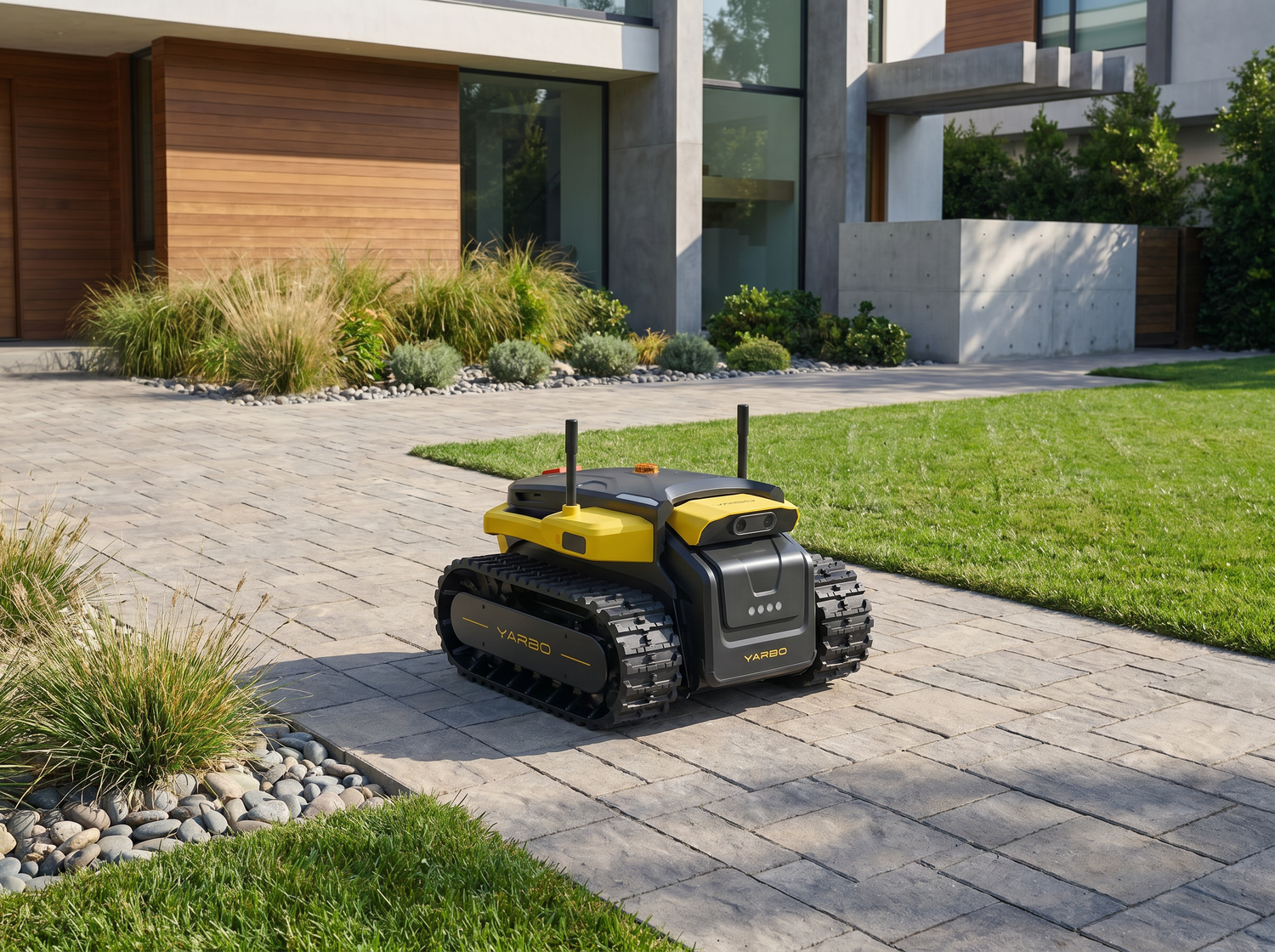 Yarbo Core auf einer gepflasterten Einfahrt vor einem modernen Wohnhaus als modulare Basis für autonome Grundstückspflege.