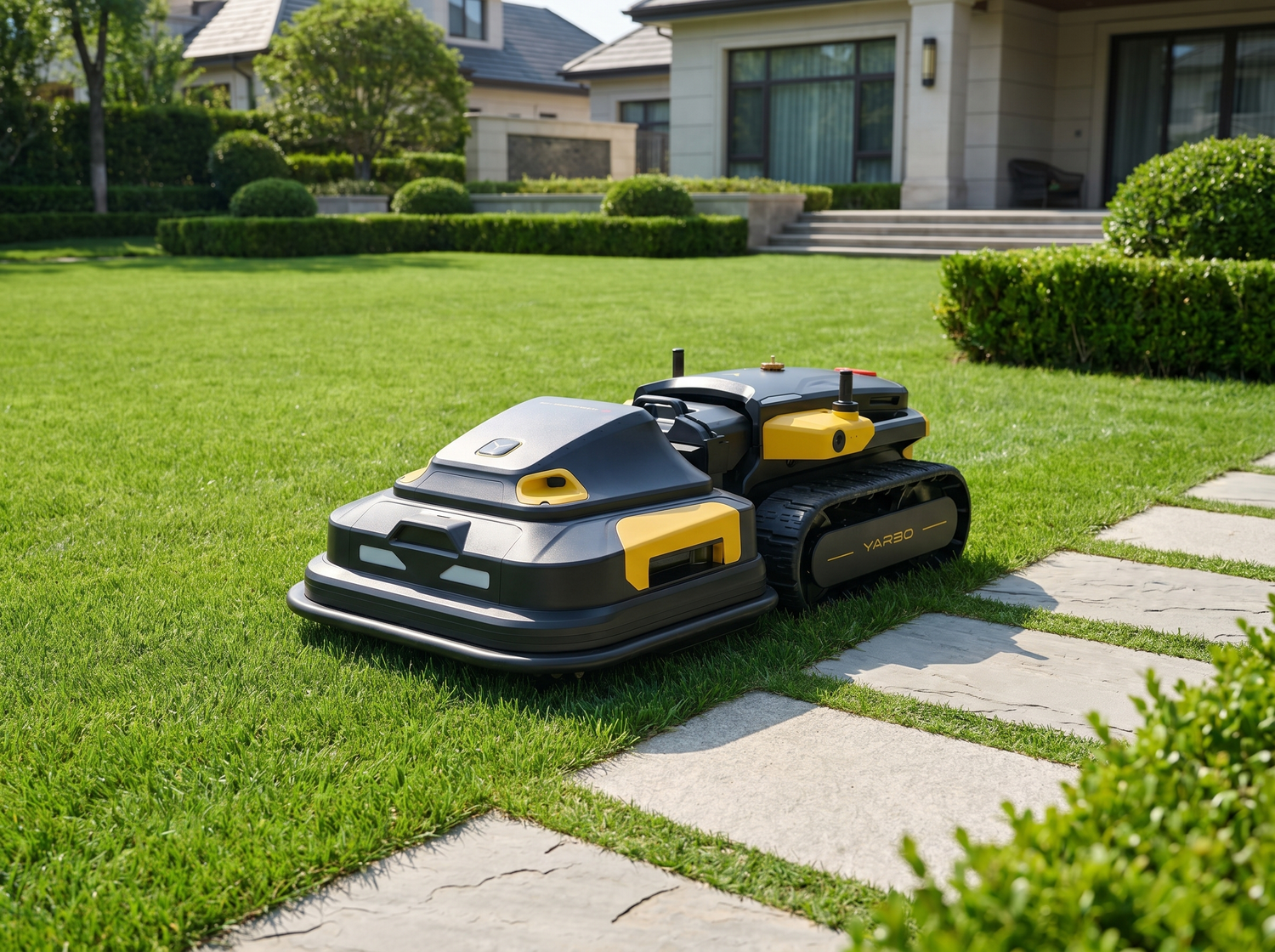 Yarbo Lawn Mower Rasenmähroboter bei der autonomen Rasenpflege neben Trittplatten in einem modernen Garten.