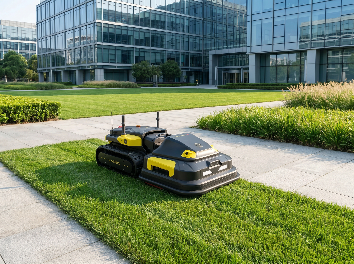 Yarbo Lawn Mower Pro Module auf einer gewerblichen Grünfläche vor einem modernen Gebäude