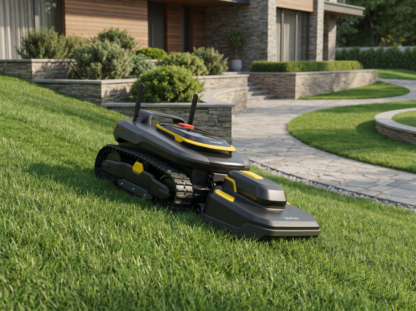 Yarbo Lawn Mower Pro Module beim Mähen auf einer Hanglage mit Rasen