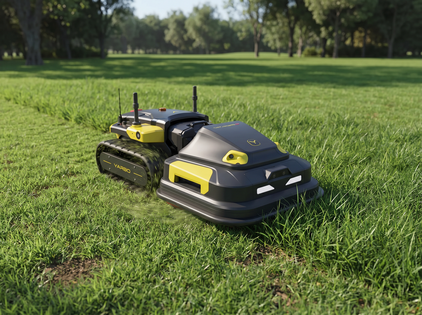 Yarbo Lawn Mower Pro Module beim Mähen von dichtem Gras auf einer großen Rasenfläche
