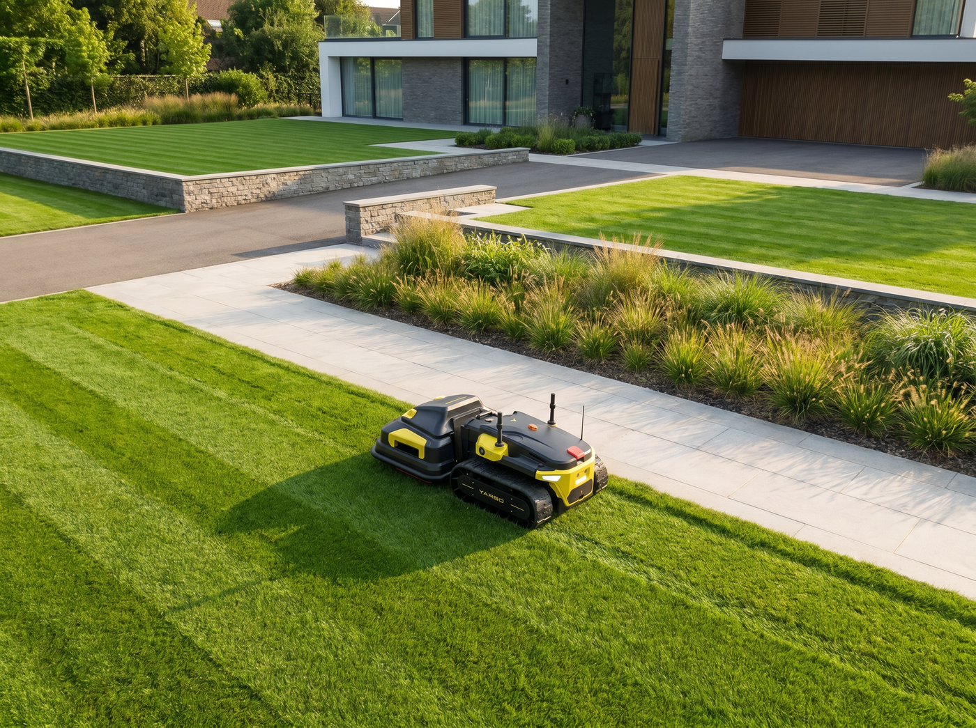 Yarbo Lawn Mower Pro Module bei der kabellosen Mehrzonen-Rasenpflege auf einem großen Grundstück