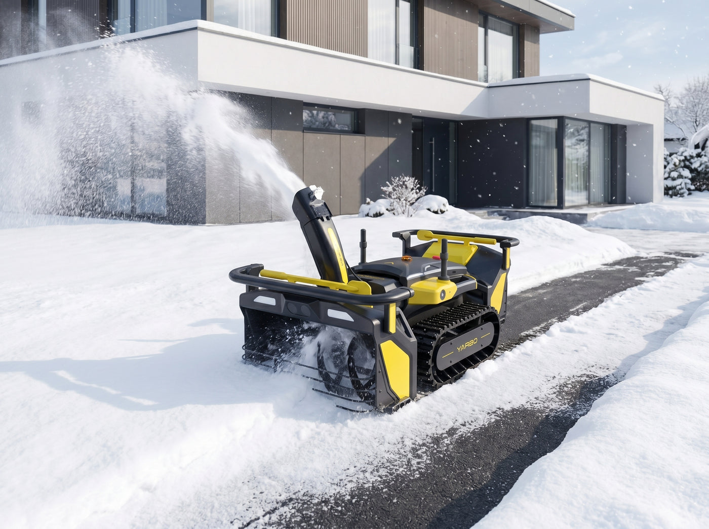 Yarbo Snow Blower Module bei der autonomen Schneeräumung einer Einfahrt