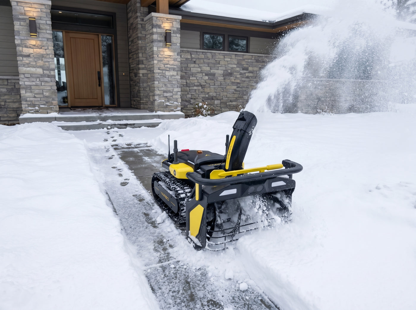 Yarbo Snow Blower Module räumt einen verschneiten Gehweg vor einem Gebäude