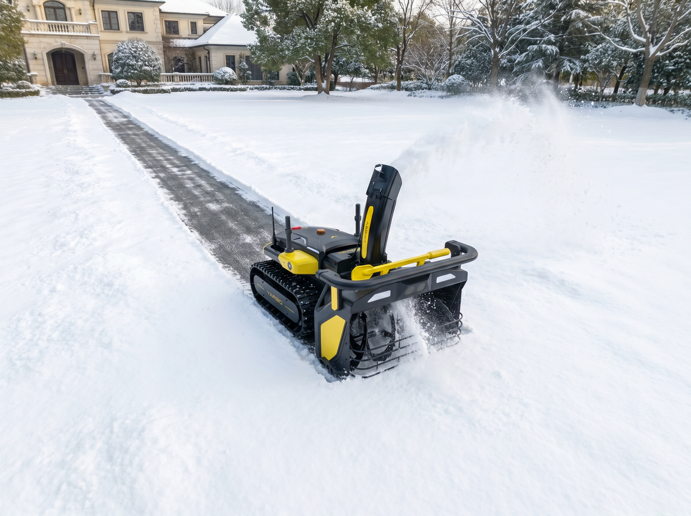 Yarbo Snow Blower Module auf einem großen Grundstück mit verschneiten Wegen