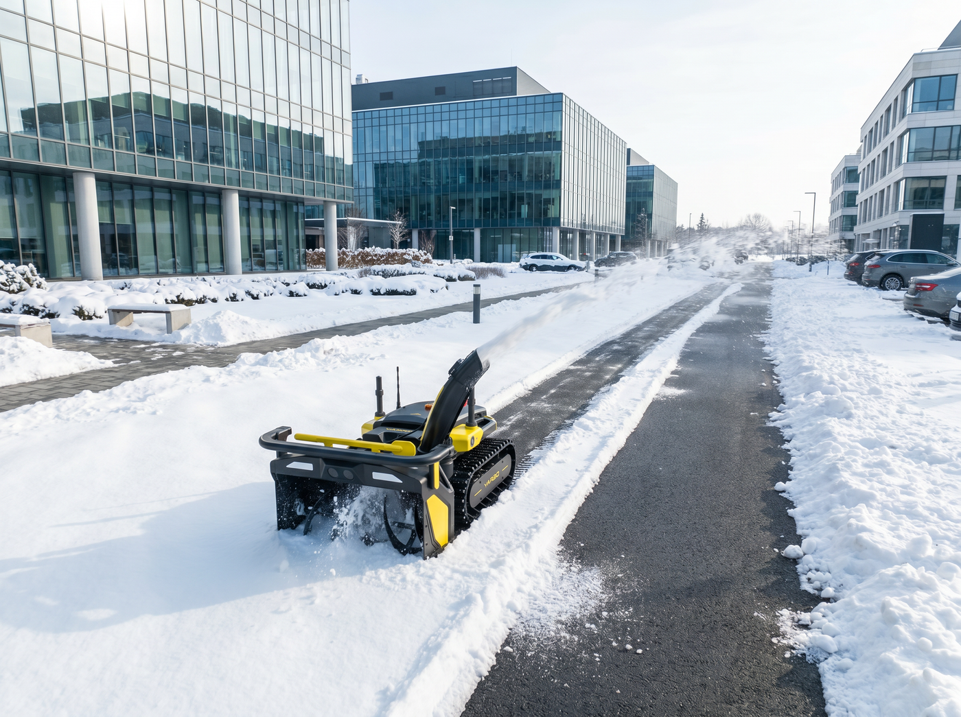 Yarbo Snow Blower Module bei der Schneeräumung auf einer gewerblichen Außenfläche