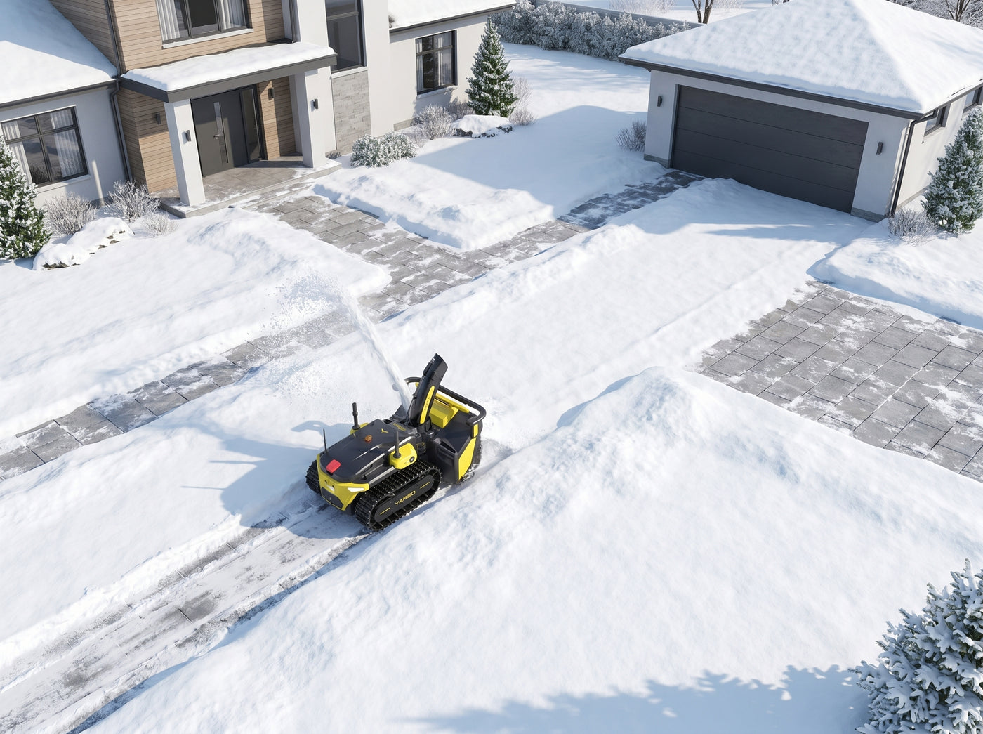Yarbo Snow Blower Module räumt mehrere Schneezonen auf einem Grundstück